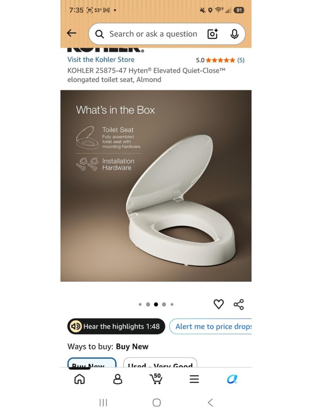 KOHLER 25875-47 Hyten® Elevated Quiet-Close™ elongated toilet seat, Almond